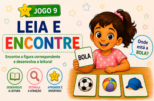 Ilustração do jogo Leia e Encontre, com criança associando palavras a imagens