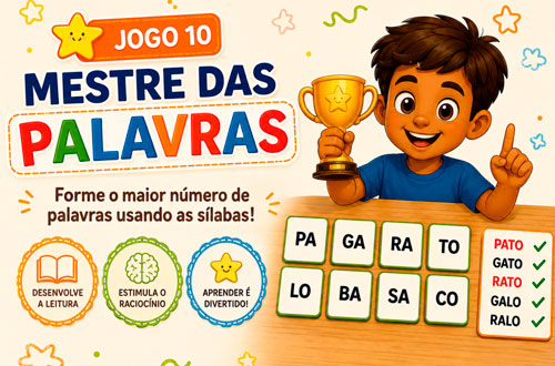 Ilustração do jogo Mestre das Palavras, com criança formando várias palavras com sílabas