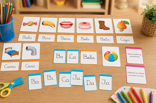 Cartas de sílabas recortadas sobre a mesa