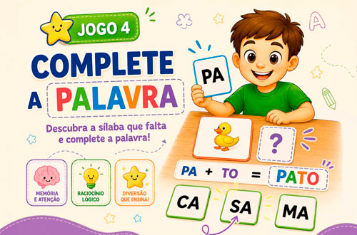 Ilustração do jogo Complete a Palavra, com criança completando sílabas que faltam