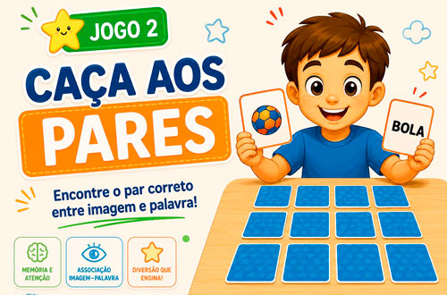 Ilustração do jogo Caça aos Pares, com criança encontrando o par entre imagem e palavra