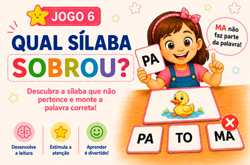 Ilustração do jogo Qual Sílaba Sobrou, com criança identificando a sílaba intrusa