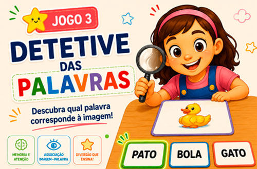 Ilustração do jogo Detetive das Palavras, com criança usando lupa e cartas de palavras