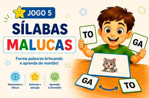 Ilustração do jogo Sílabas Malucas, com criança organizando cartas de sílabas