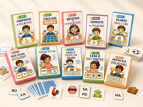Mãe e criança formando a palavra BOLA com cartas de sílabas do Destrava-Leitura