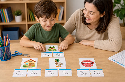 Criança formando palavras com cartas de sílabas ao lado da professora