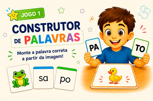 Ilustração do jogo Construtor de Palavras, com criança juntando sílabas a partir de imagens