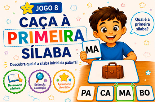 Ilustração do jogo Caça à Primeira Sílaba, com criança encontrando a sílaba inicial