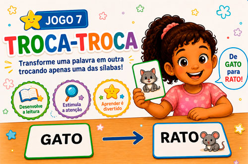 Ilustração do jogo Troca-Troca, com criança transformando uma palavra em outra