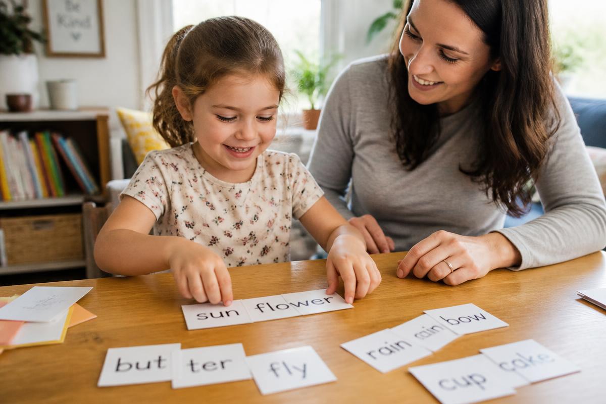 Criança formando palavras com cartas de sílabas ao lado da mãe