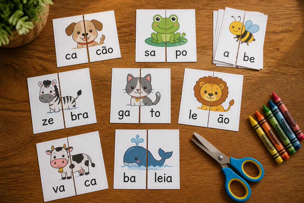 Cartas de sílabas recortadas sobre a mesa